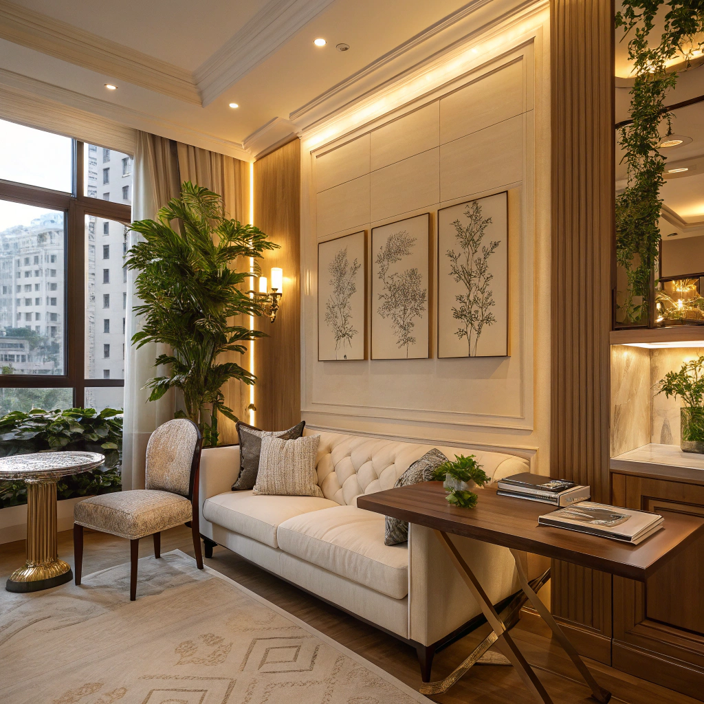 Create a serene and practical interior design scene for an apartment, emphasizing comfort and functionality, with elegant furnishings and a cozy atmosphere, in a palette that complements a warm, inviting background. Focus on elements that represent practical value and enhance residential convenience without including any people.Do not include any text, phrases, numbers, letters, symbols, signs, labels, logos, buttons, or UI elements of any kind.Absolutely no writing or anything that resembles text, including decorative text-like patterns